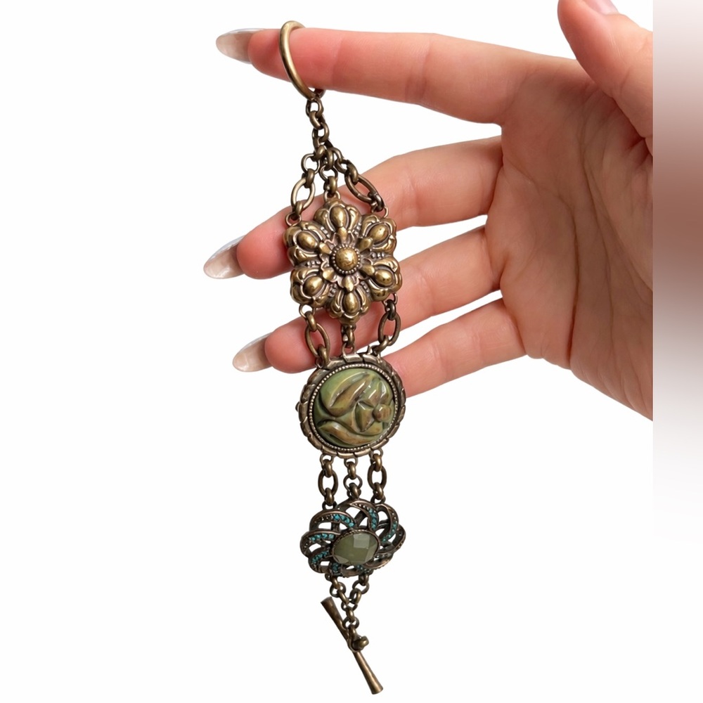 Lucky Brand Jade Bracelet Brass Victorian Style Green Stone Vintage Boho Dainty